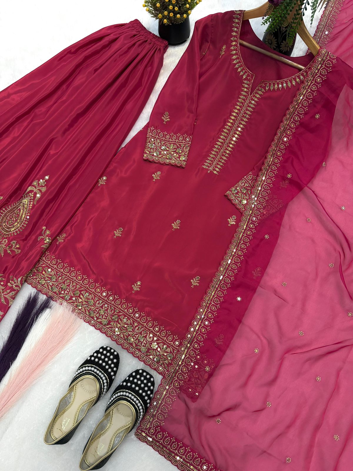 Crimson Embroidered Sharara Set with Dupatta