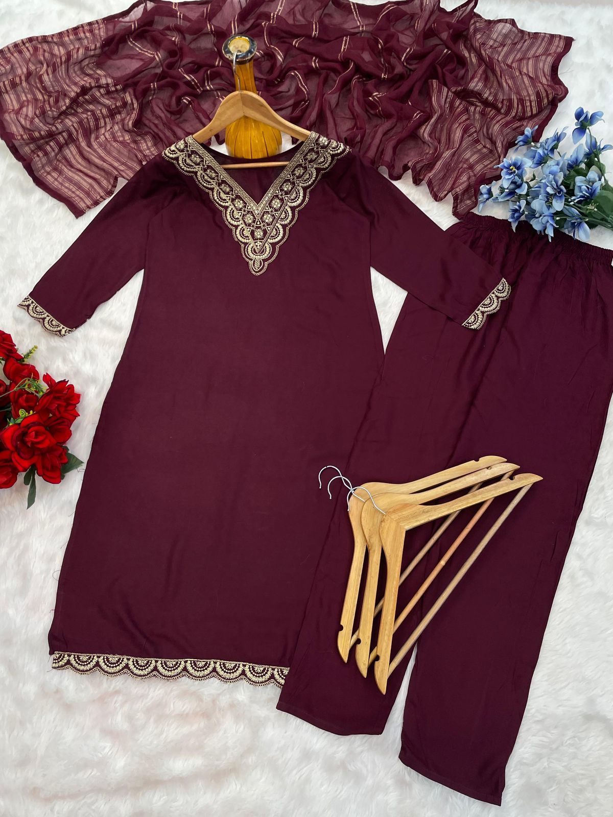 Rayon Embroidered Suit Set with Dupatta