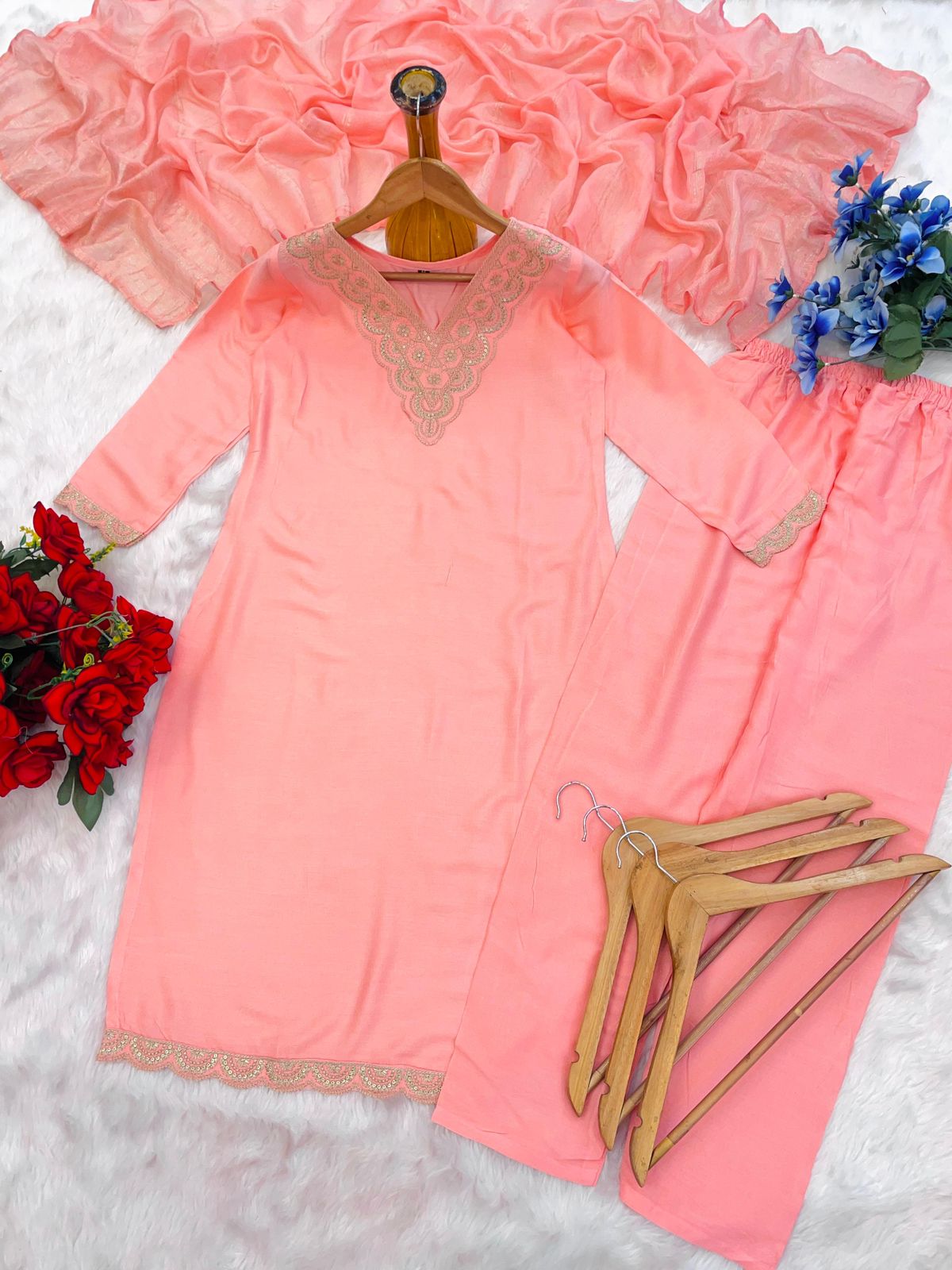 Rayon Embroidered Suit Set with Dupatta