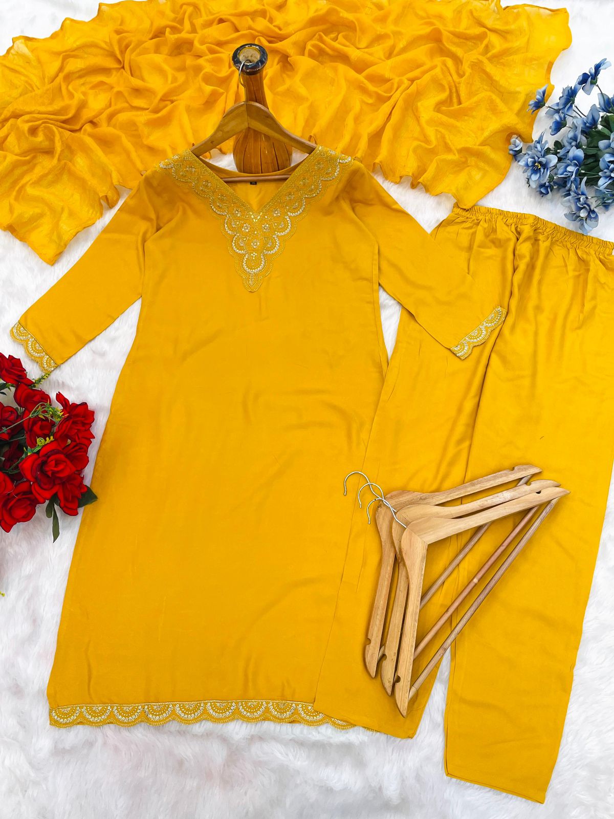 Rayon Embroidered Suit Set with Dupatta