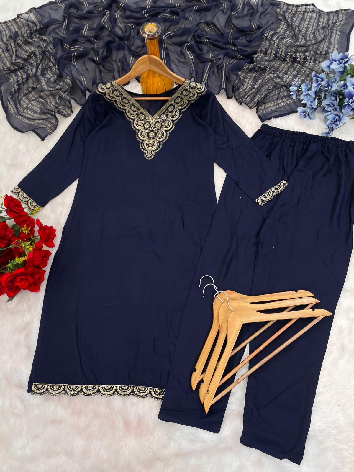 Rayon Embroidered Suit Set with Dupatta