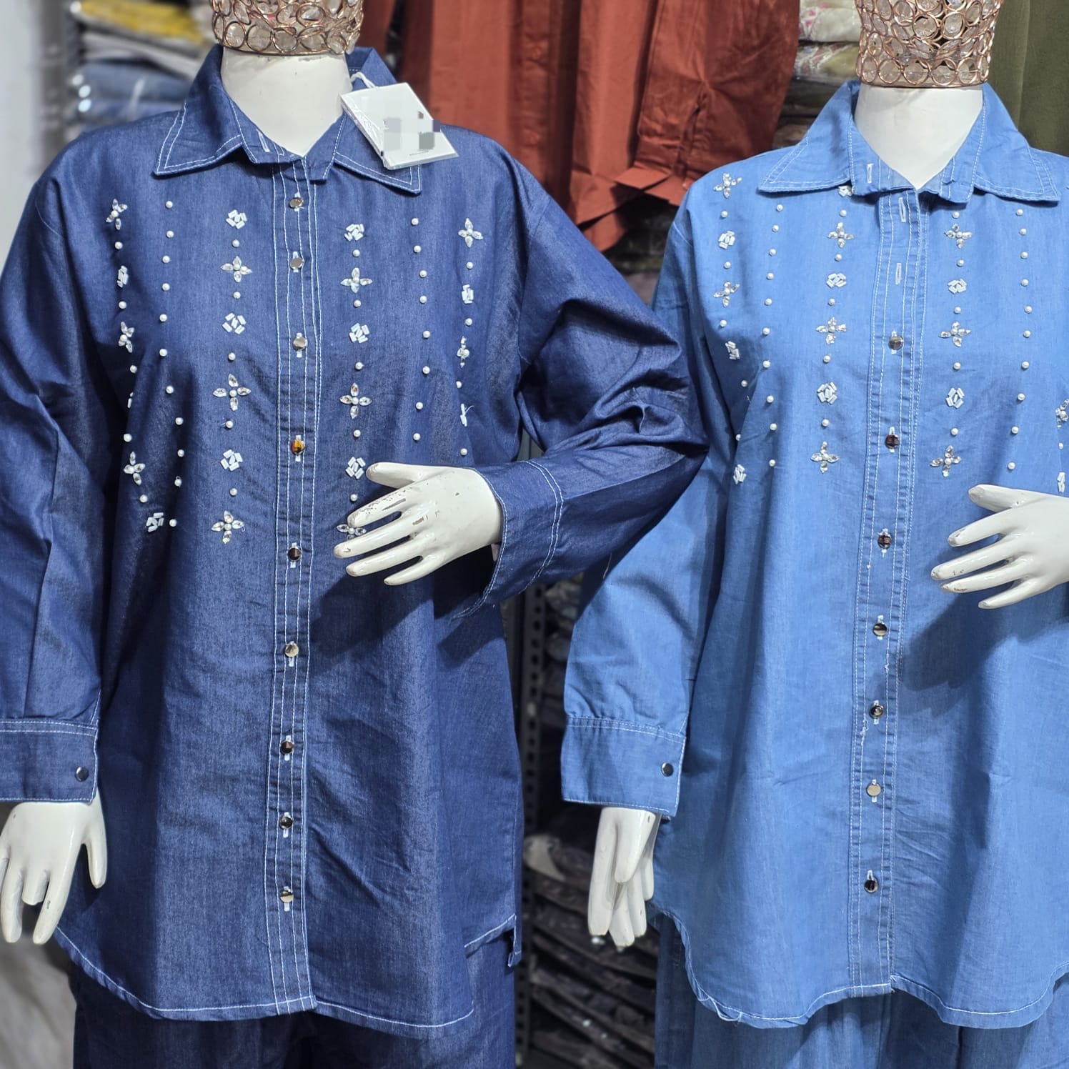 Denim Coord Set with Pearl Embellishments