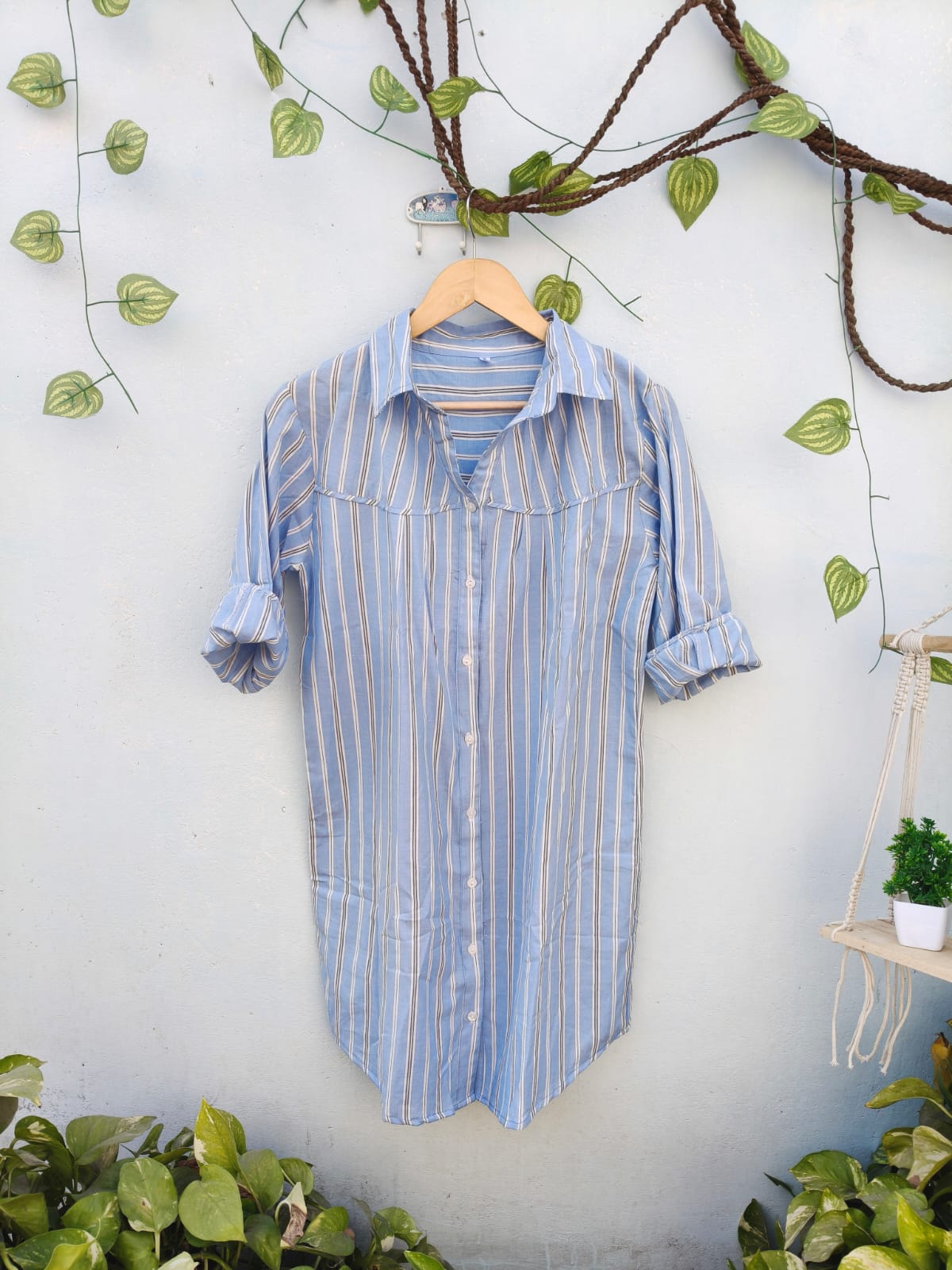 Long Striped & Checked Cotton Shirt Dress