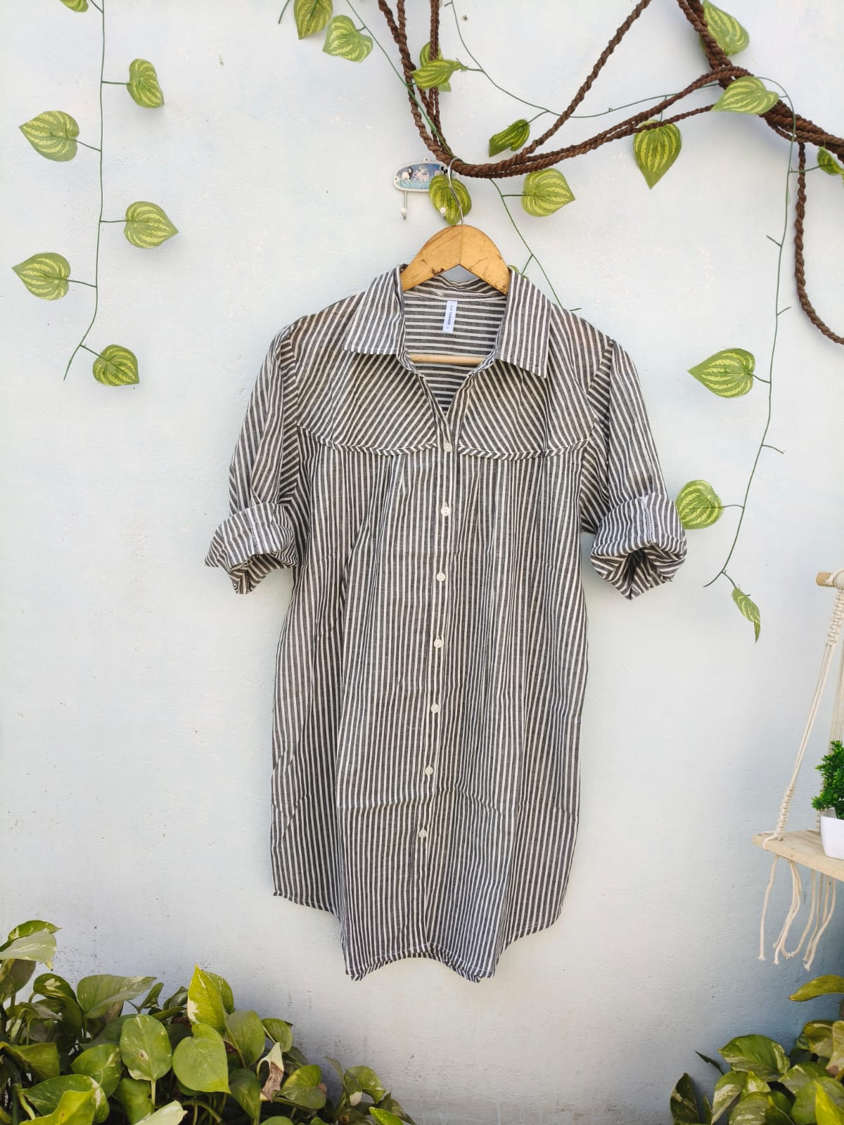 Long Striped & Checked Cotton Shirt Dress