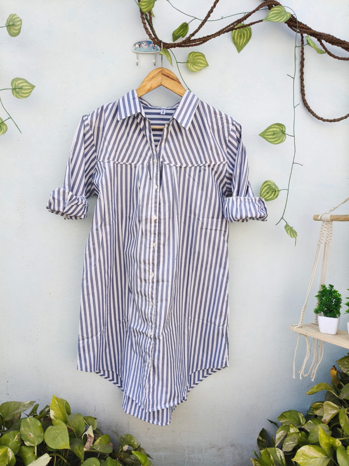 Long Striped & Checked Cotton Shirt Dress