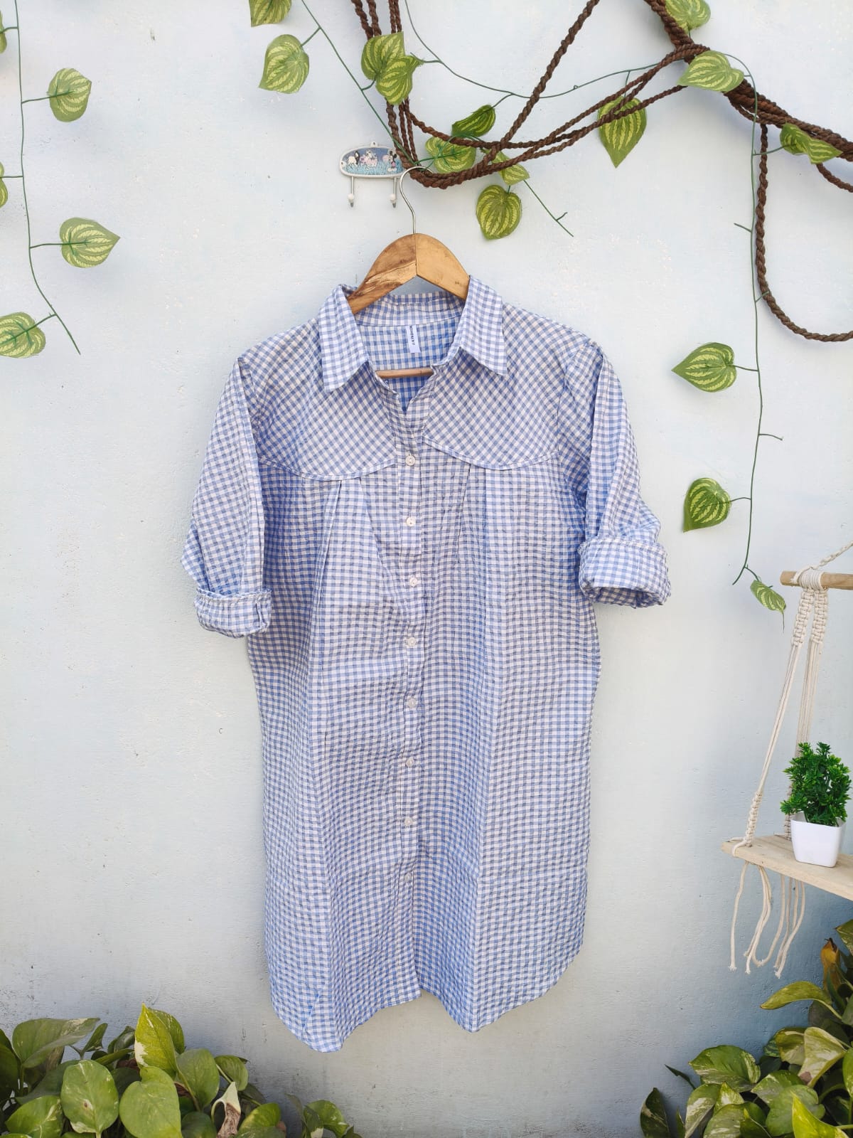 Long Striped & Checked Cotton Shirt Dress
