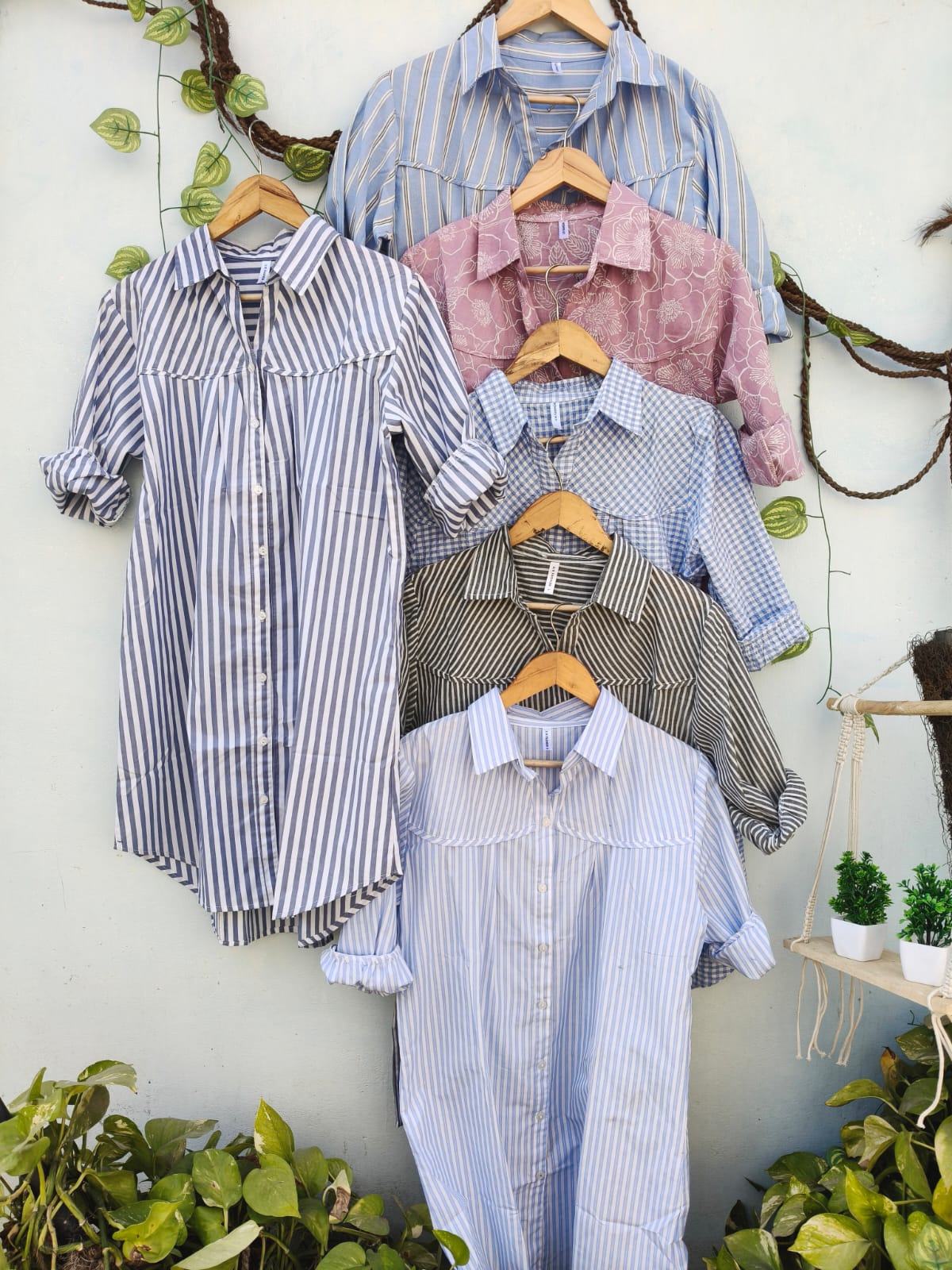 Long Striped & Checked Cotton Shirt Dress
