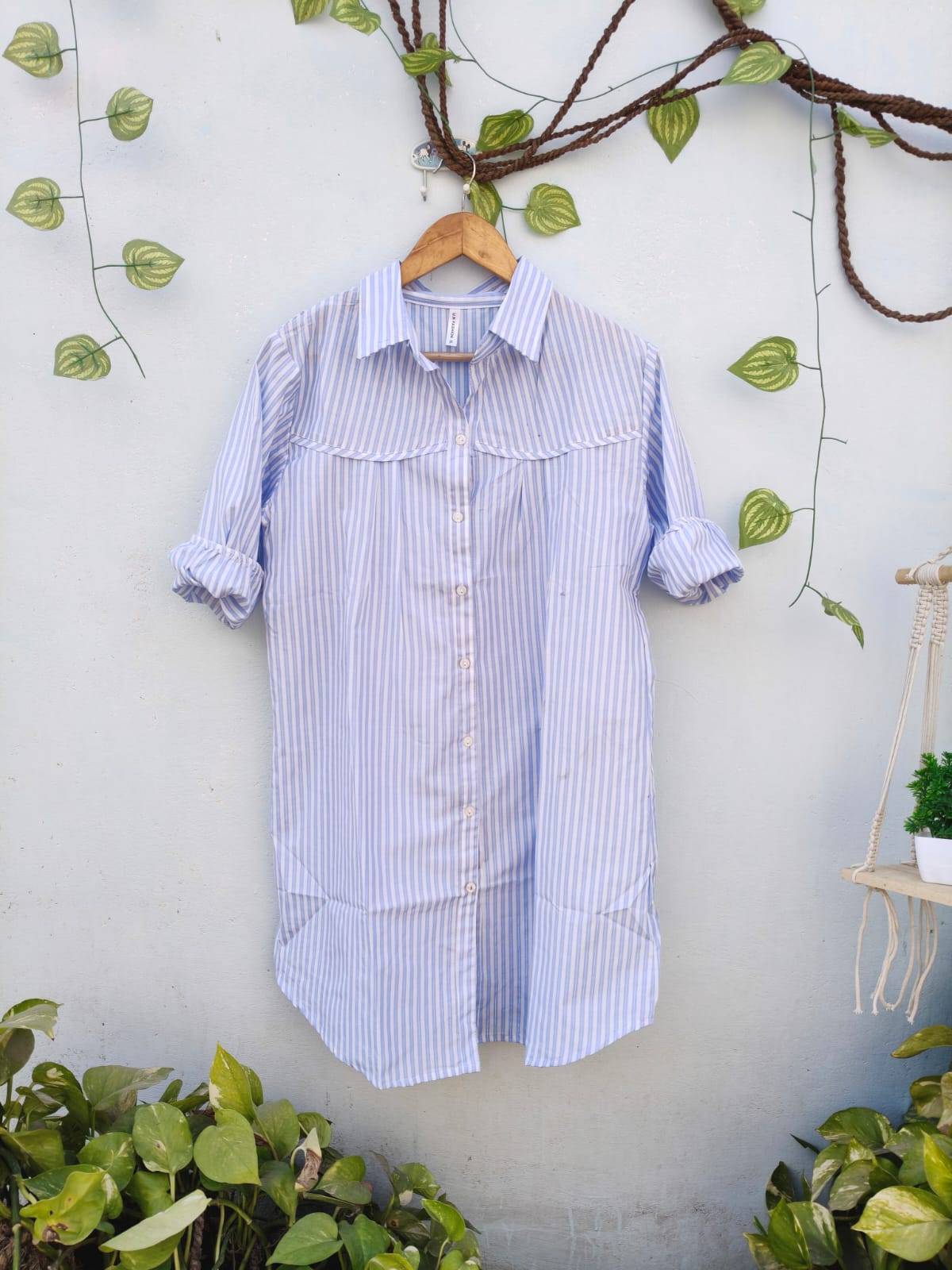Long Striped & Checked Cotton Shirt Dress