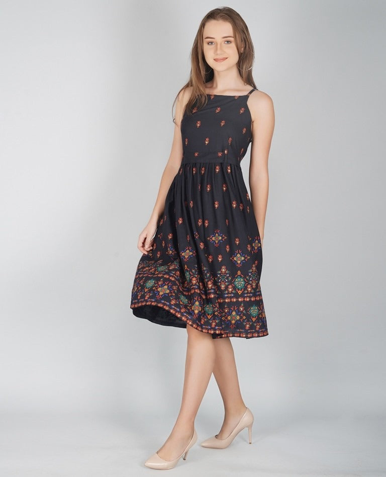 Black Embroidered Fit & Flare Dress