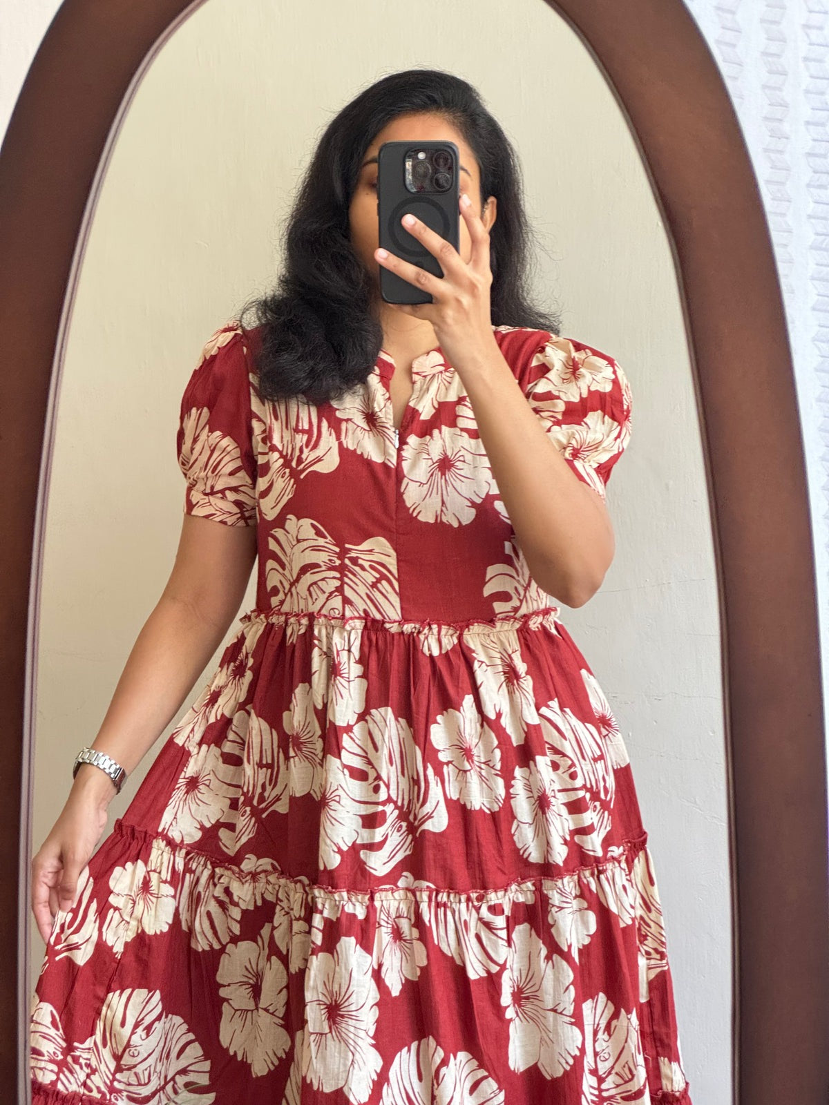 Red Floral Tiered Cotton Dress