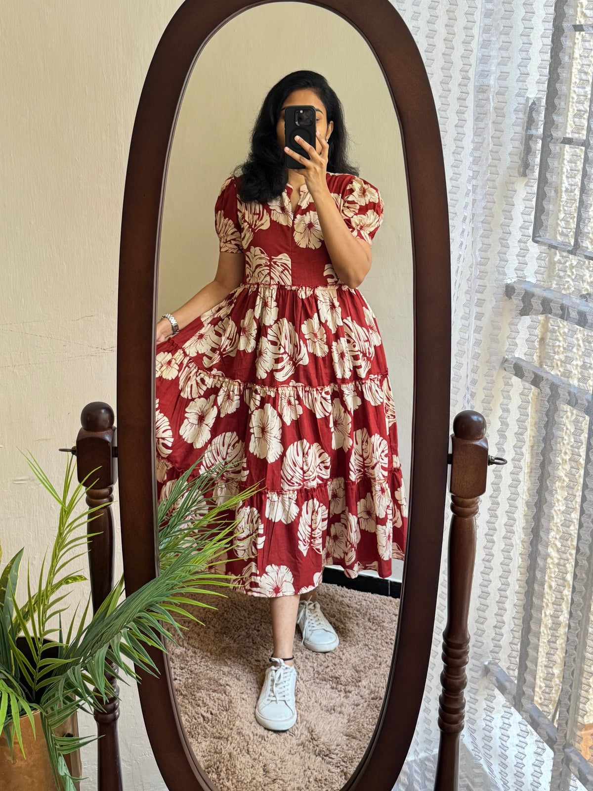 Red Floral Tiered Cotton Dress