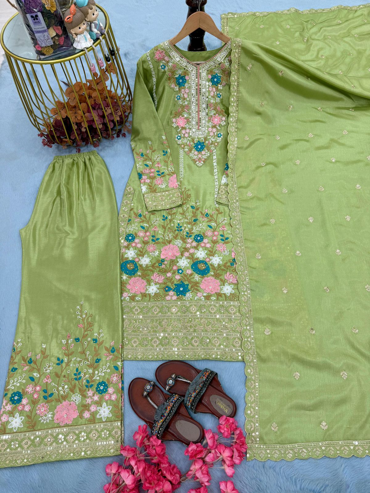 Designer Party Wear Pure Chinon Silk Top Palazzo & Dupatta Set