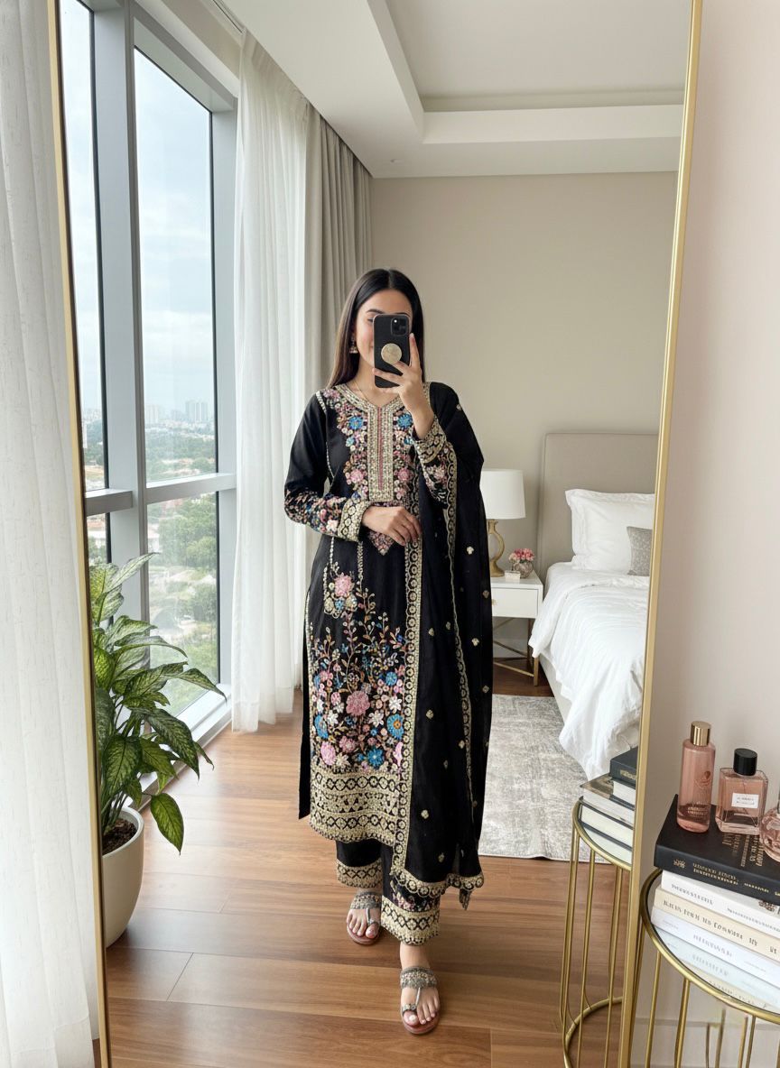 Designer Party Wear Pure Chinon Silk Top Palazzo & Dupatta Set