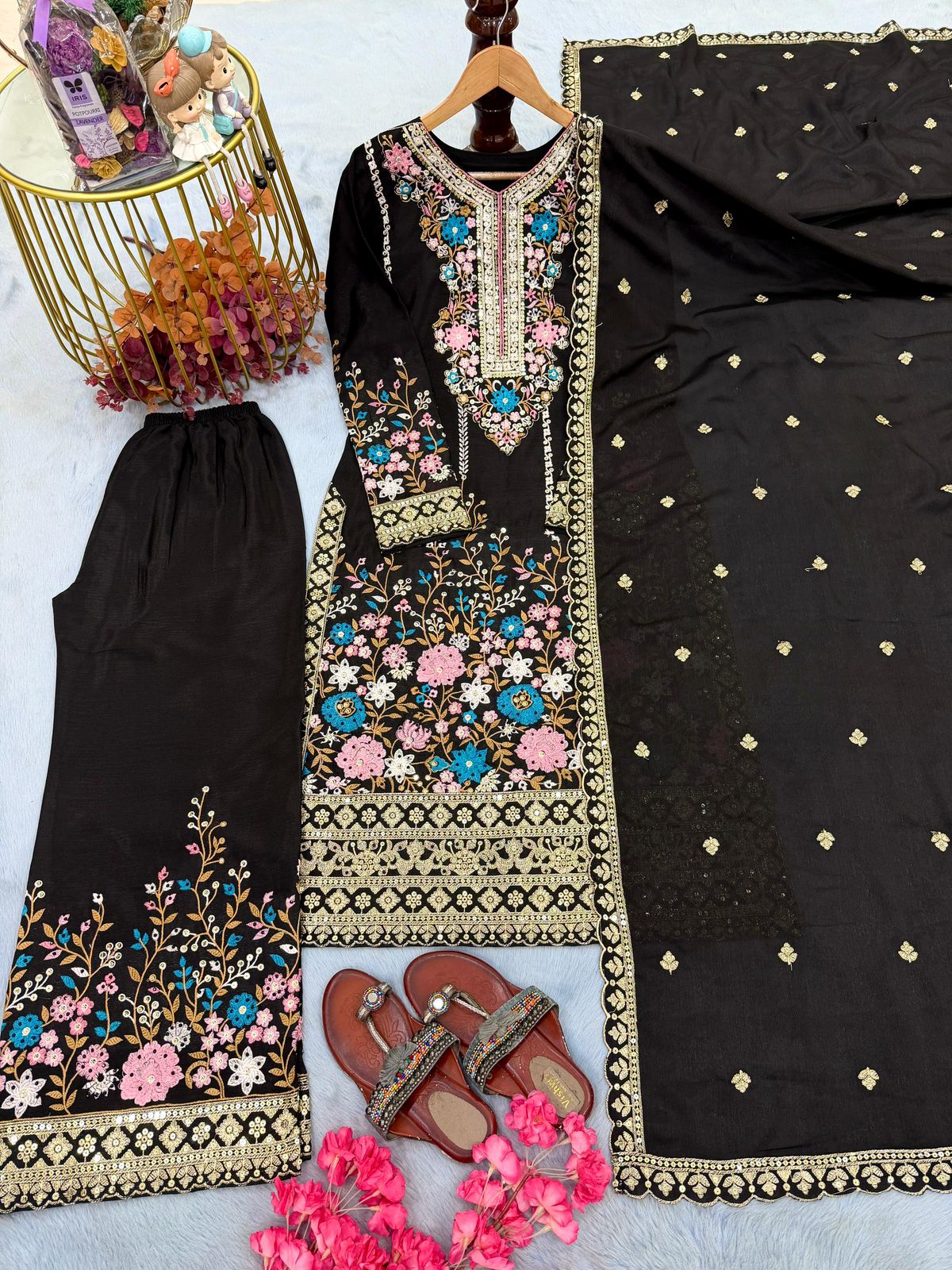 Designer Party Wear Pure Chinon Silk Top Palazzo & Dupatta Set
