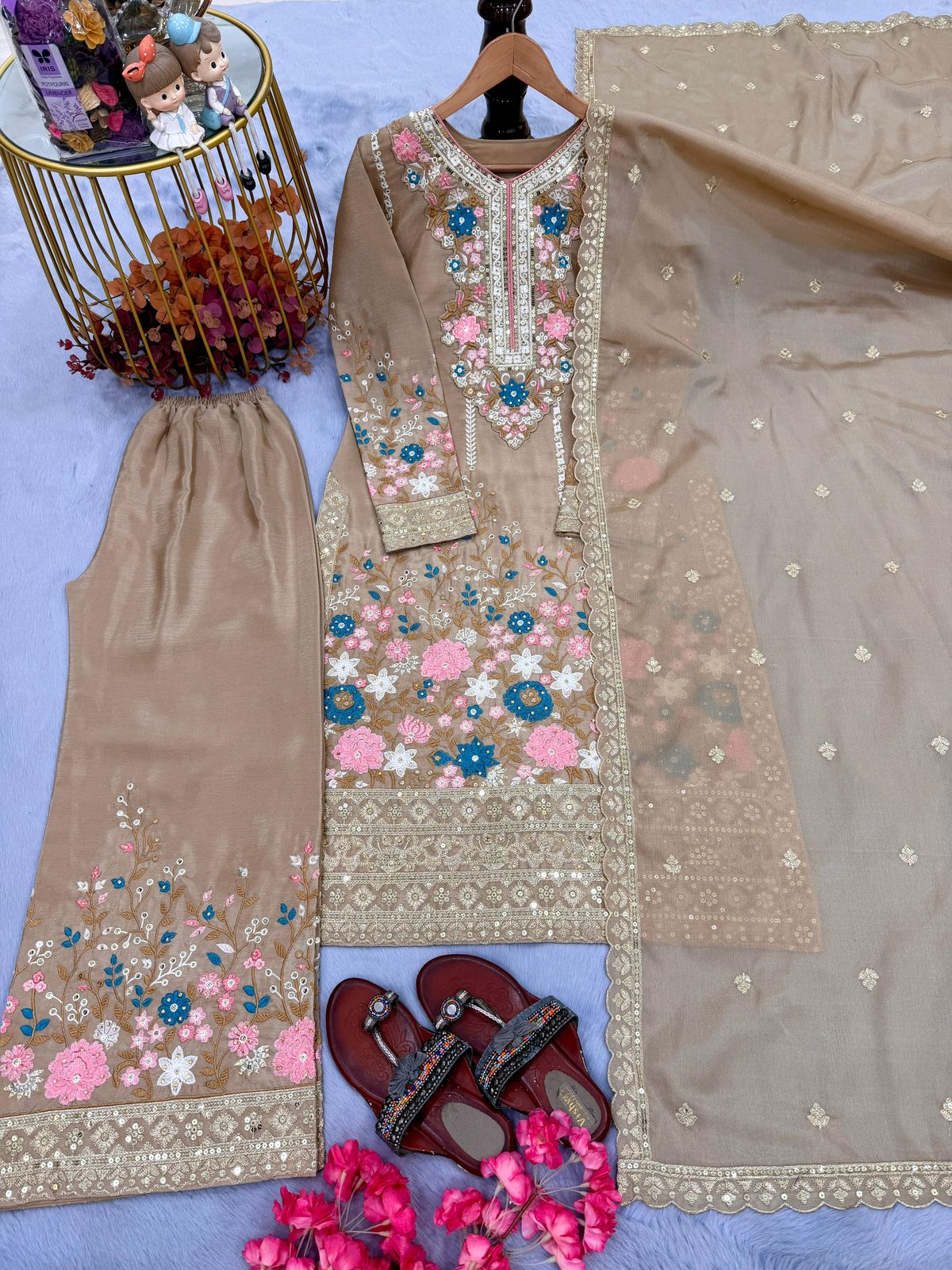 Designer Party Wear Pure Chinon Silk Top Palazzo & Dupatta Set