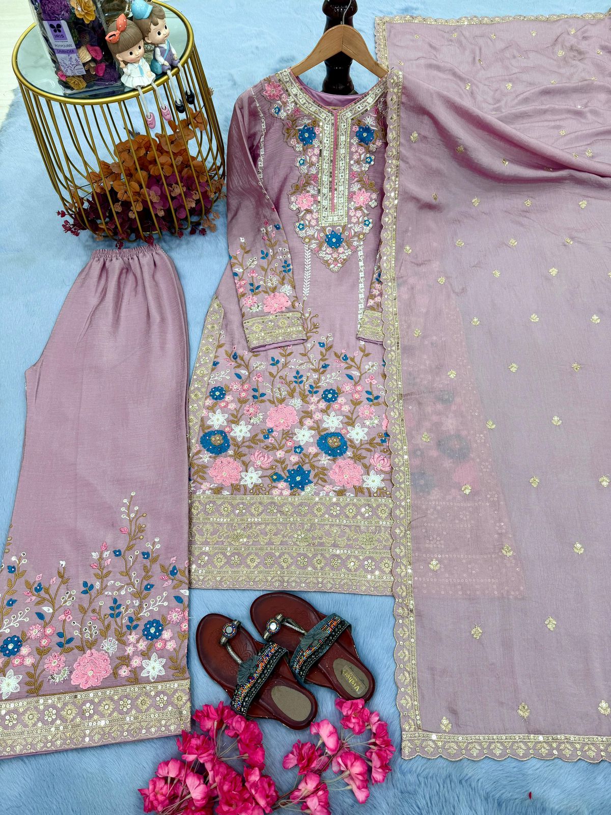 Designer Party Wear Pure Chinon Silk Top Palazzo & Dupatta Set