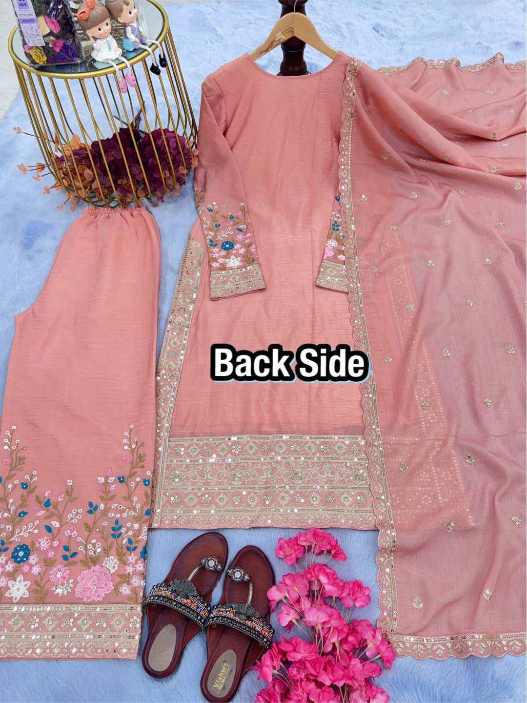 Designer Party Wear Pure Chinon Silk Top Palazzo & Dupatta Set