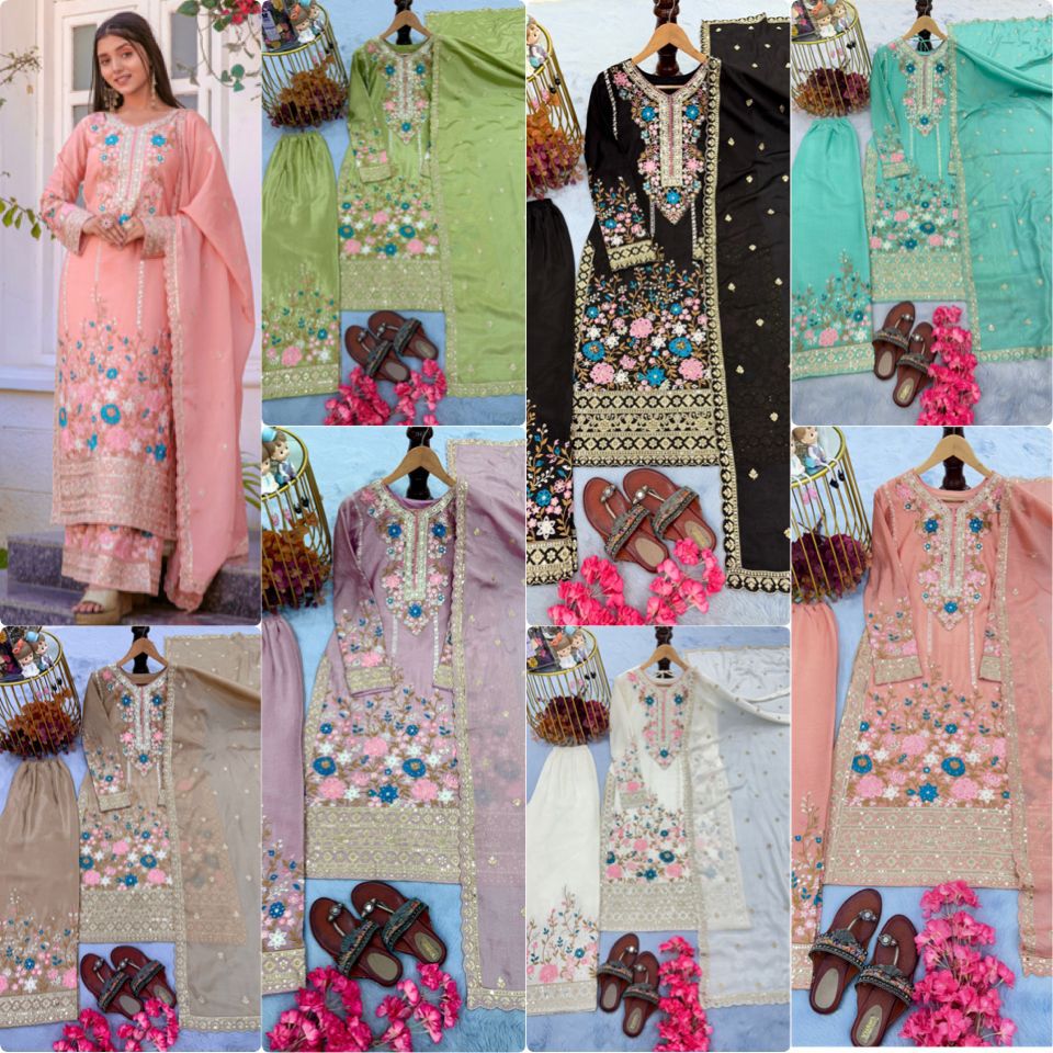 Designer Party Wear Pure Chinon Silk Top Palazzo & Dupatta Set