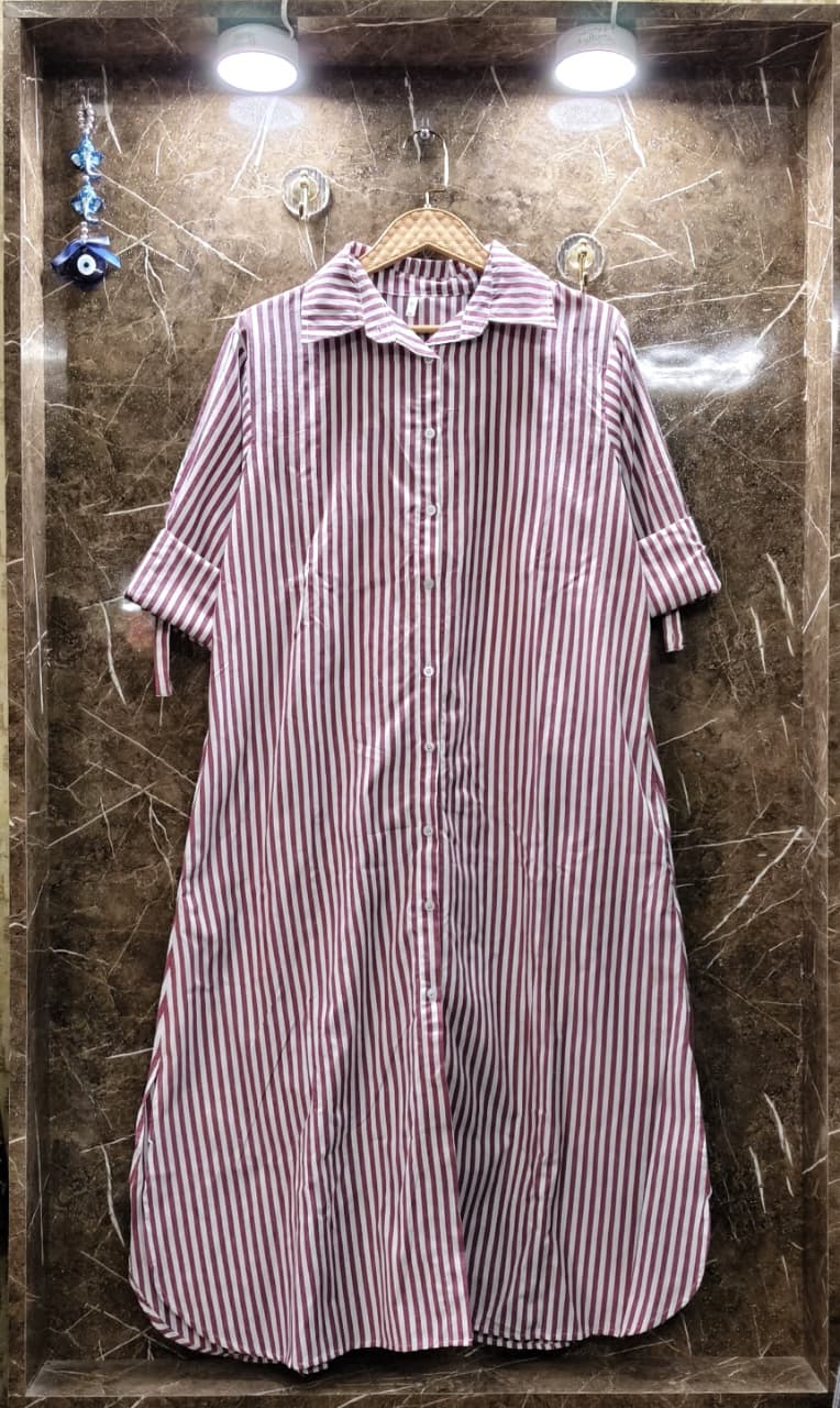 Baggy Style Striped Cotton Dress with Pockets