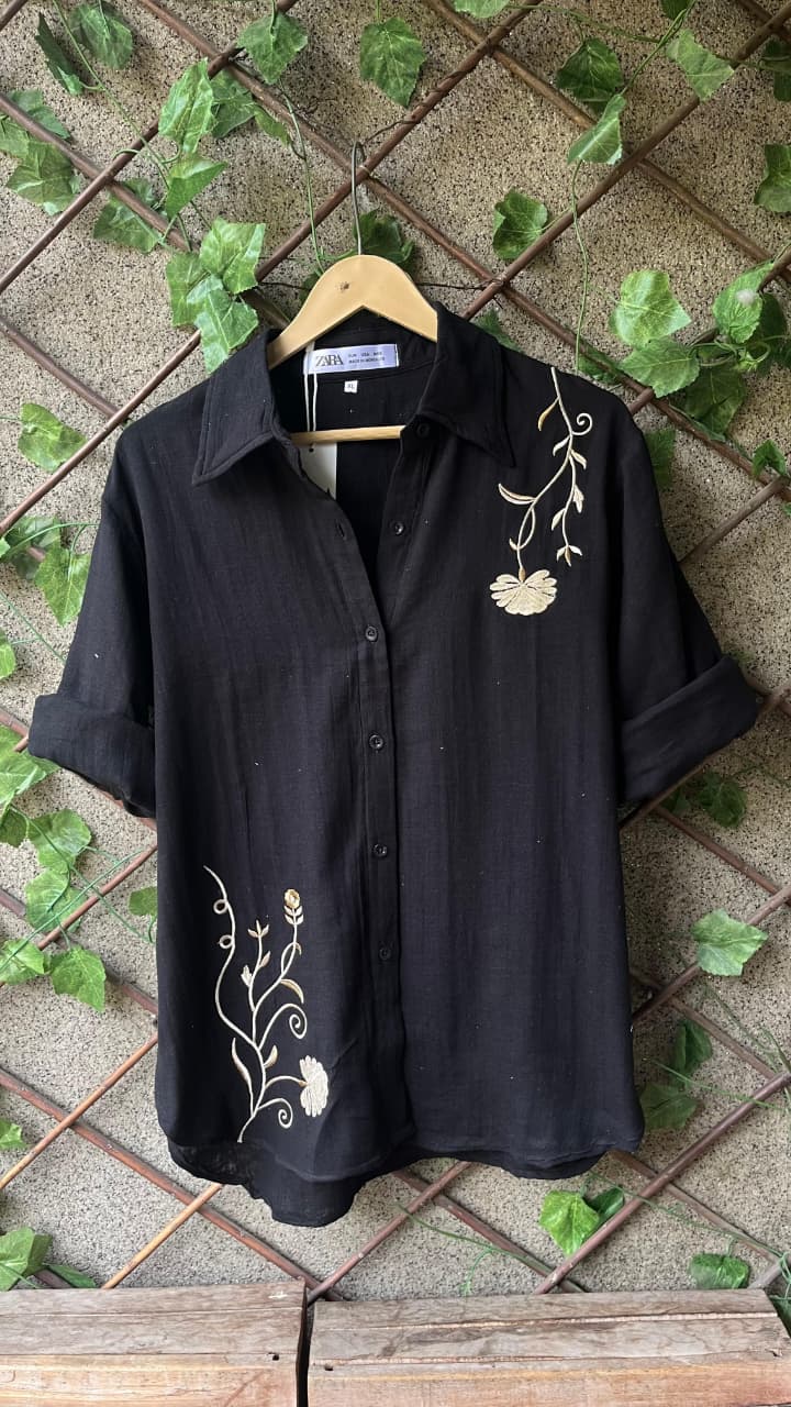 Golden Poise Embroidered Mulmul Cotton Shirt