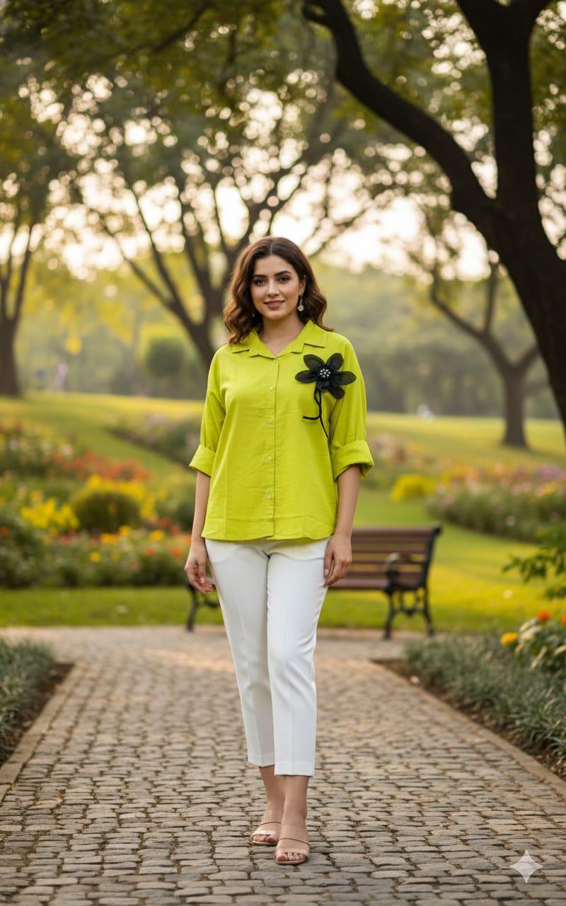 Stone Work Flower Patch Cotton Shirt