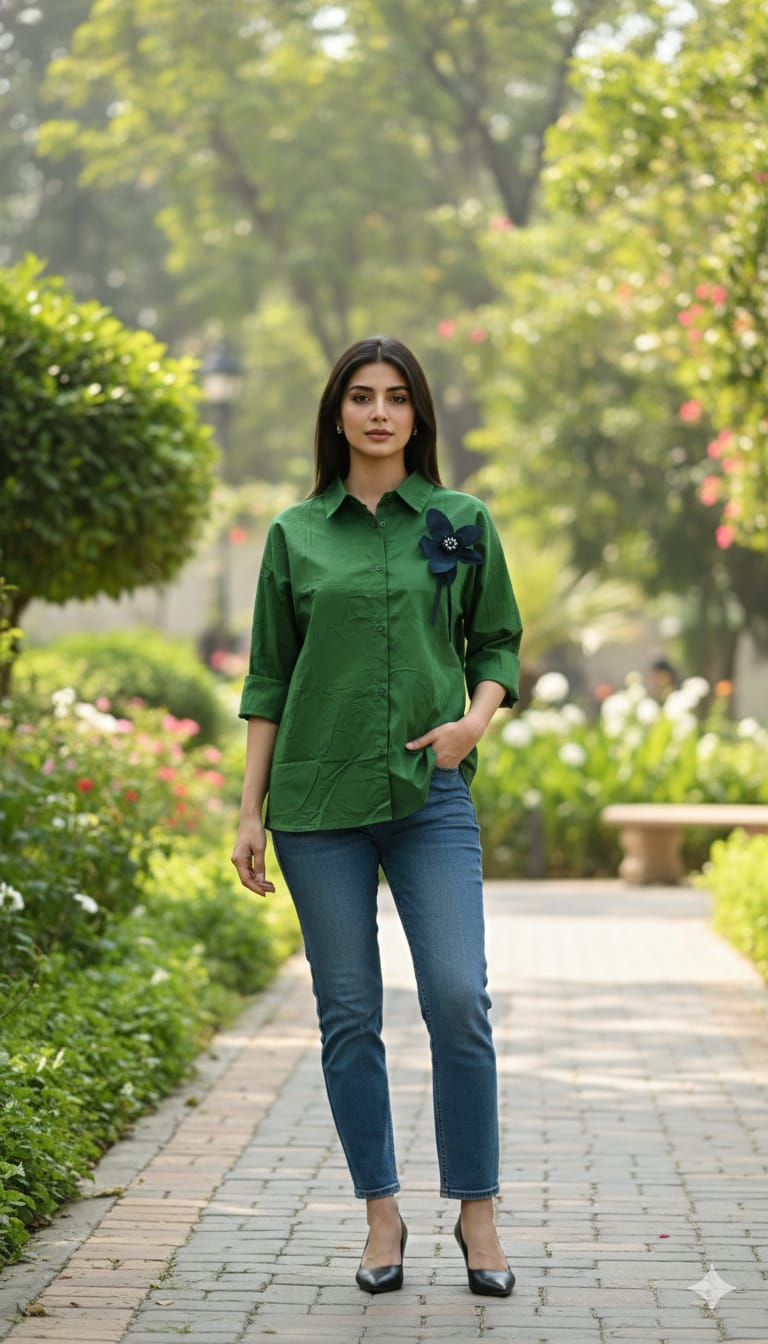 Stone Work Flower Patch Cotton Shirt