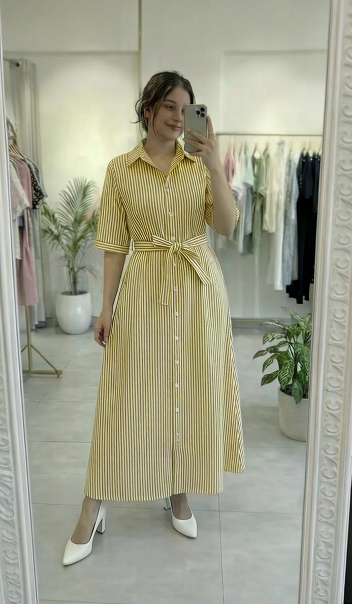 Striped Design Cotton Maxi Dress with Belt