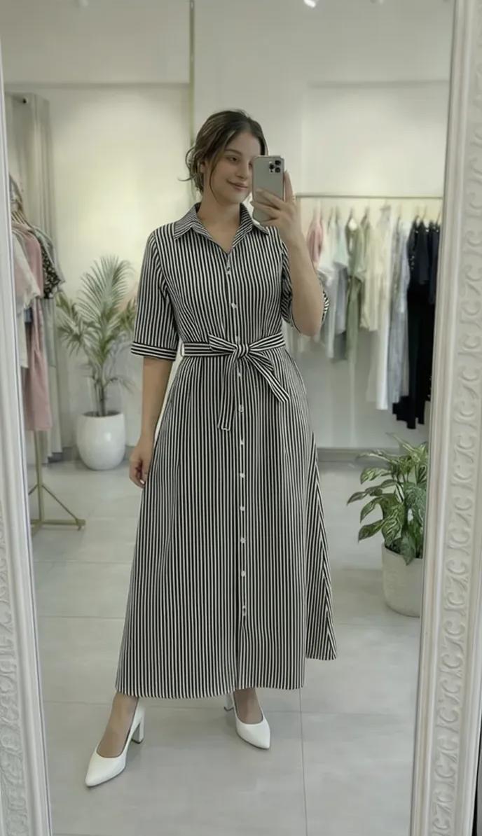 Striped Design Cotton Maxi Dress with Belt