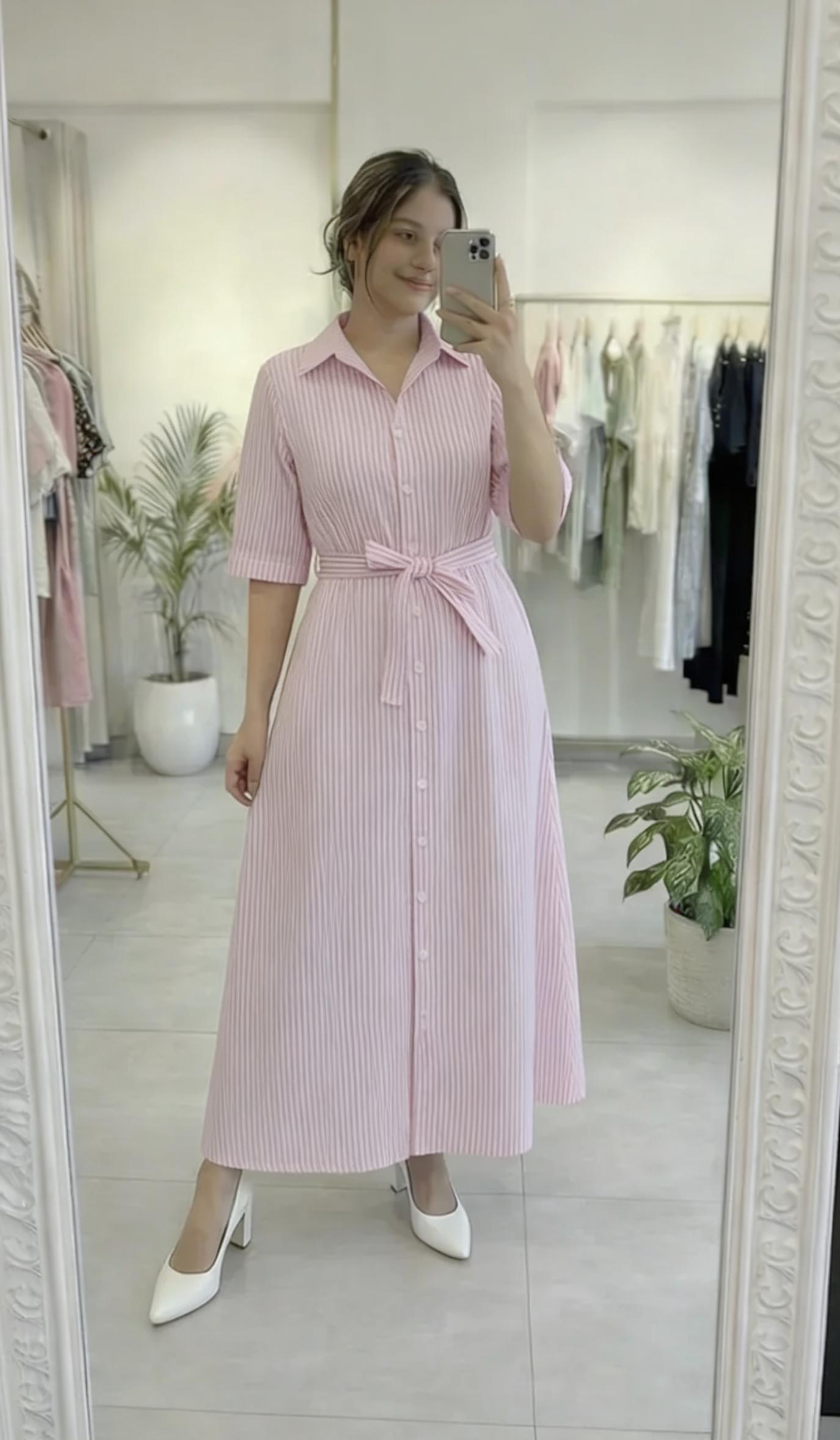 Striped Design Cotton Maxi Dress with Belt