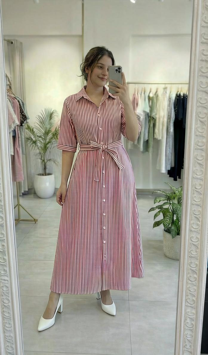 Striped Design Cotton Maxi Dress with Belt