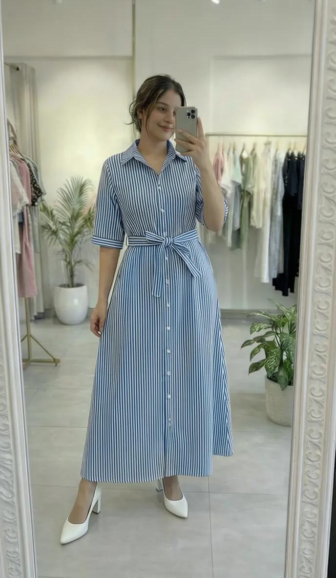 Striped Design Cotton Maxi Dress with Belt