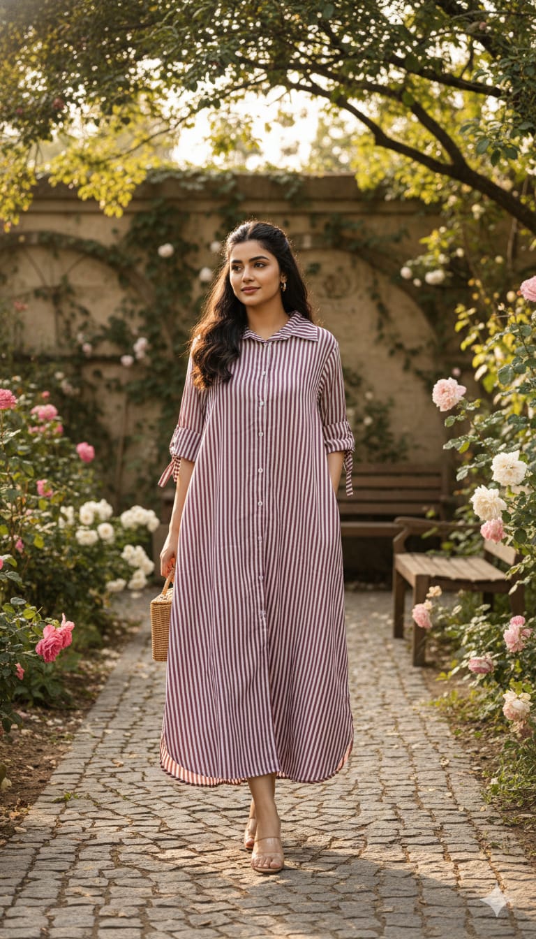 Baggy Style Striped Cotton Dress with Pockets