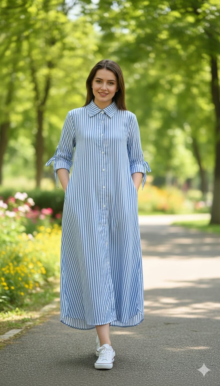 Baggy Style Striped Cotton Dress with Pockets