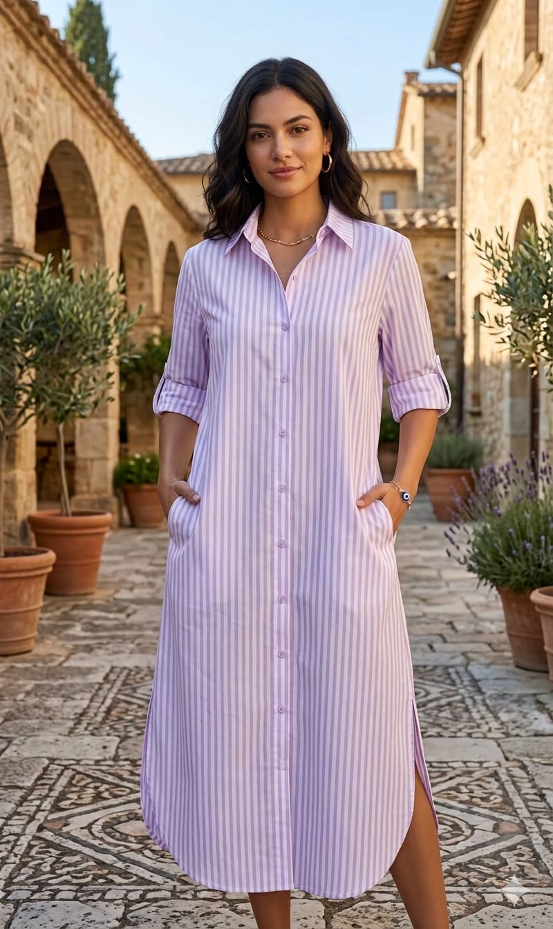 Baggy Style Striped Cotton Dress with Pockets