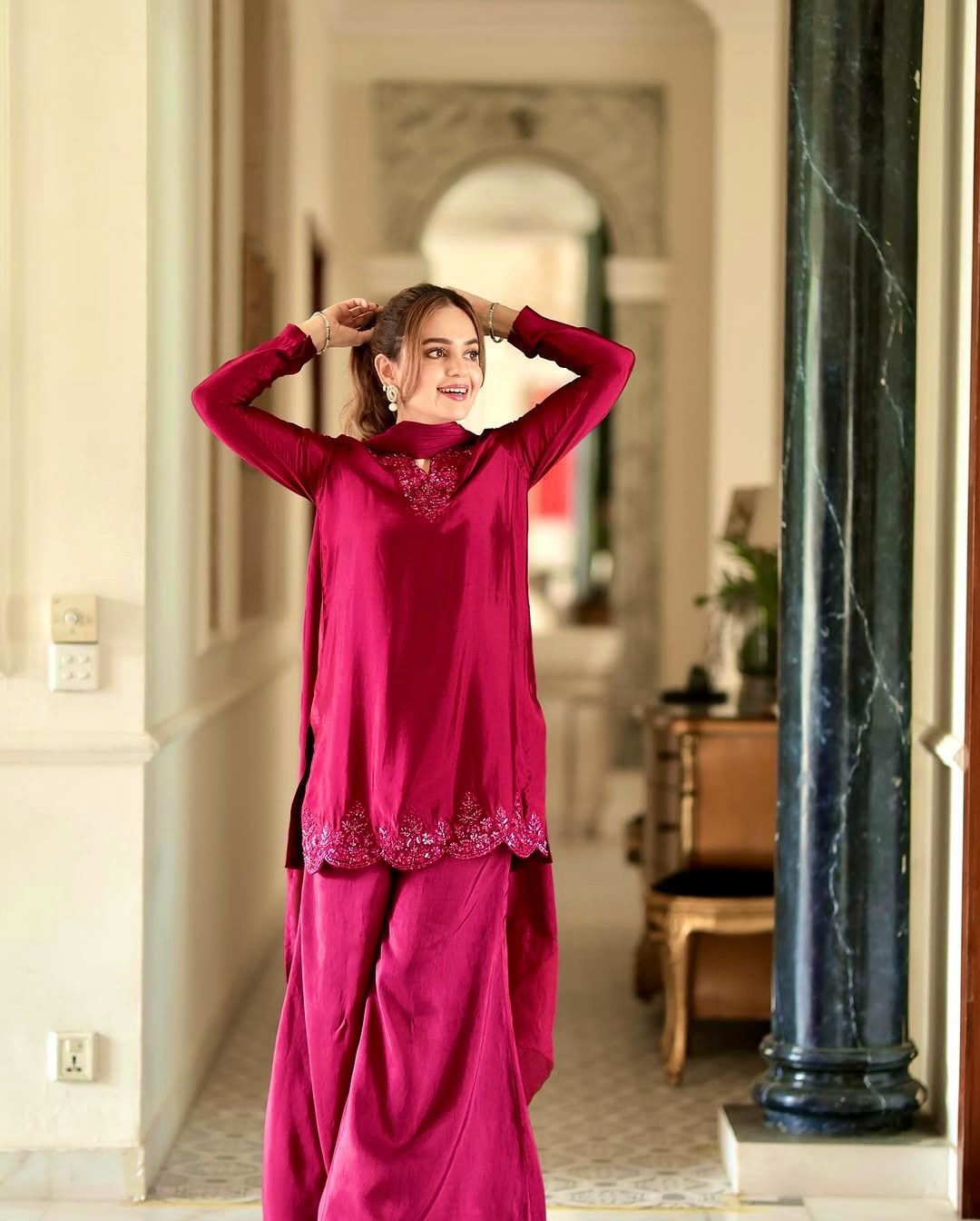 Designer Natural Crep Silk Top-Bottom & Dupatta Set (Fully Stitched)