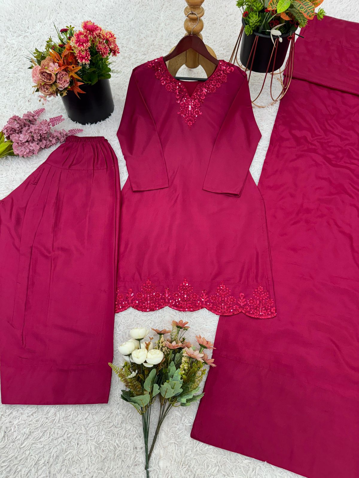 Designer Natural Crep Silk Top-Bottom & Dupatta Set (Fully Stitched)