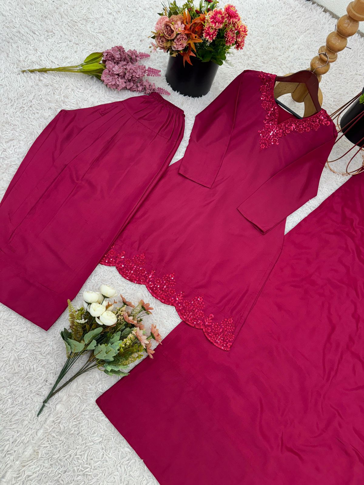Designer Natural Crep Silk Top-Bottom & Dupatta Set (Fully Stitched)