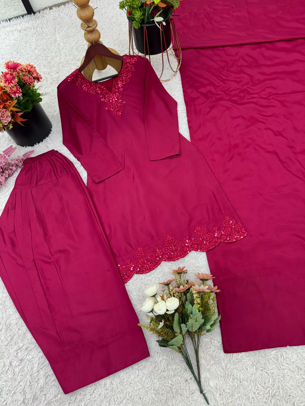 Designer Natural Crep Silk Top-Bottom & Dupatta Set (Fully Stitched)