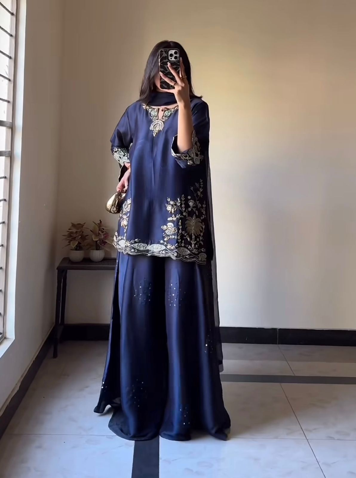 Designer Party Wear Natural Crepe Silk Top Sharara Palazzo & Dupatta Set
