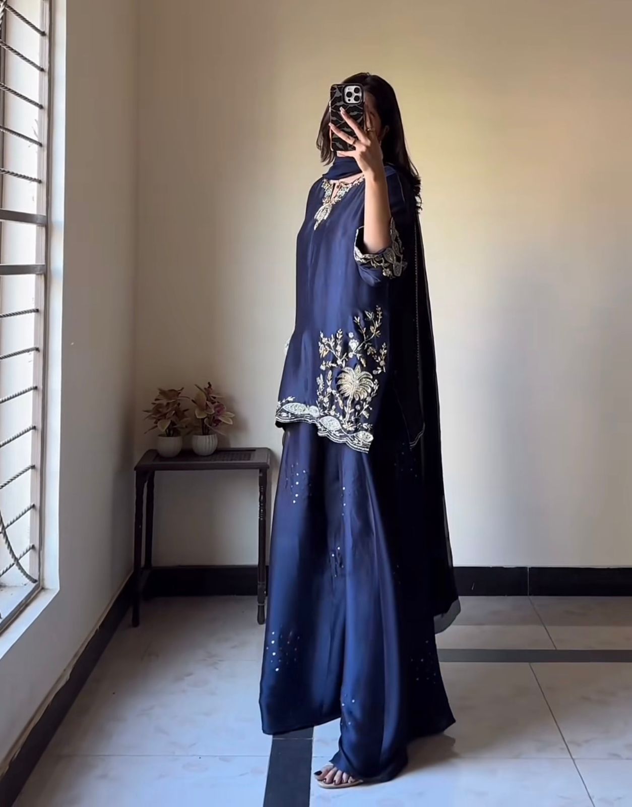 Designer Party Wear Natural Crepe Silk Top Sharara Palazzo & Dupatta Set