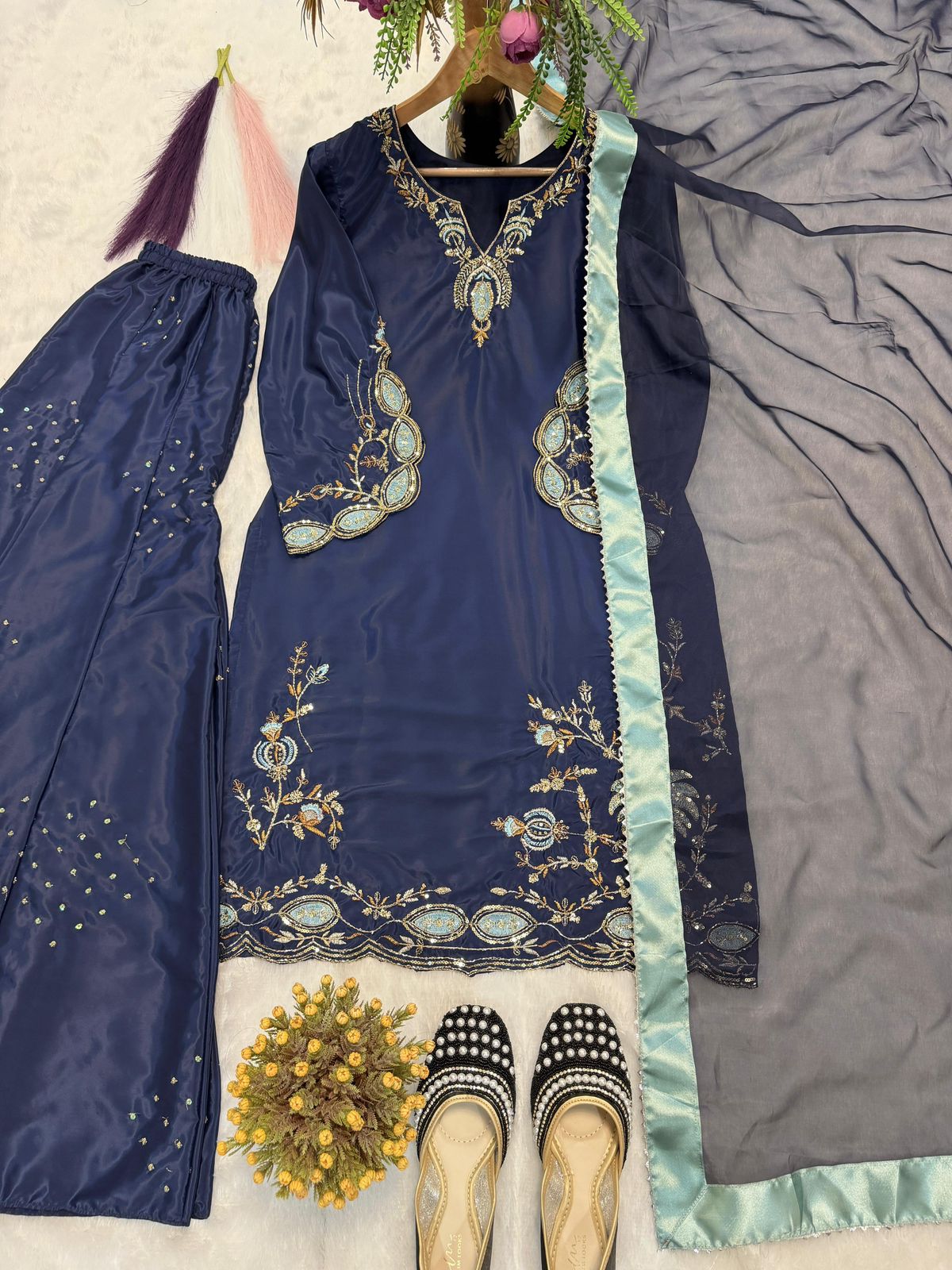 Designer Party Wear Natural Crepe Silk Top Sharara Palazzo & Dupatta Set