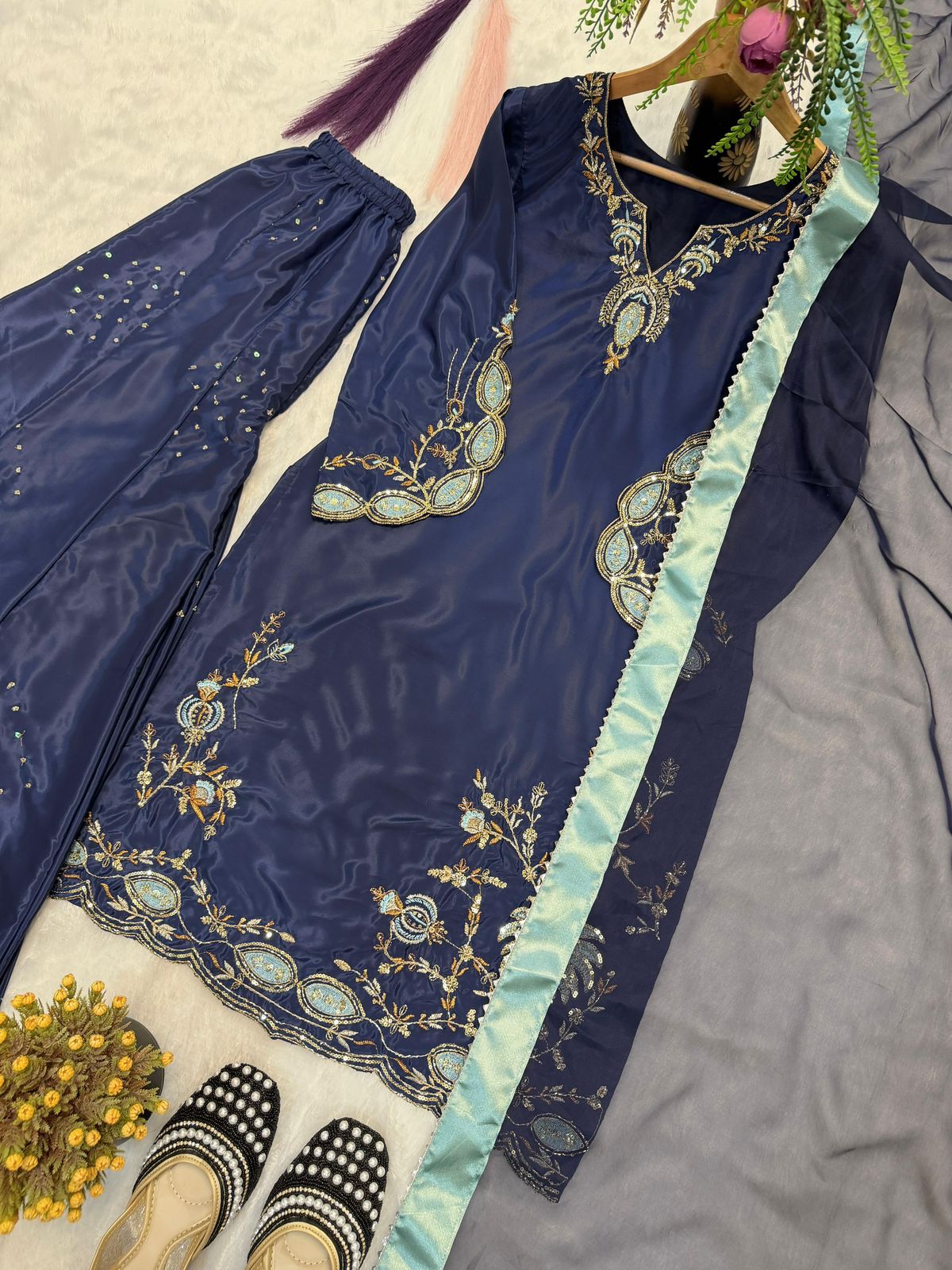 Designer Party Wear Natural Crepe Silk Top Sharara Palazzo & Dupatta Set