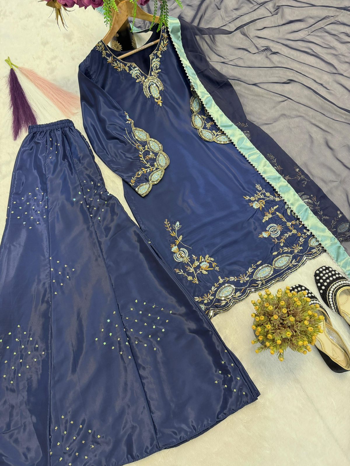 Designer Party Wear Natural Crepe Silk Top Sharara Palazzo & Dupatta Set