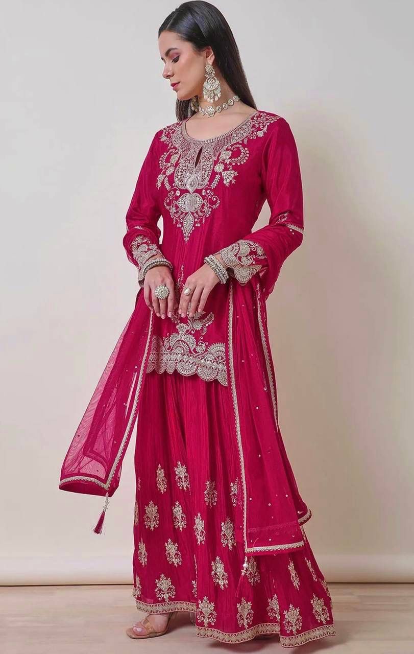 Fancy Chinon Silk Kurti with Flared Palazzo & Dupatta Set