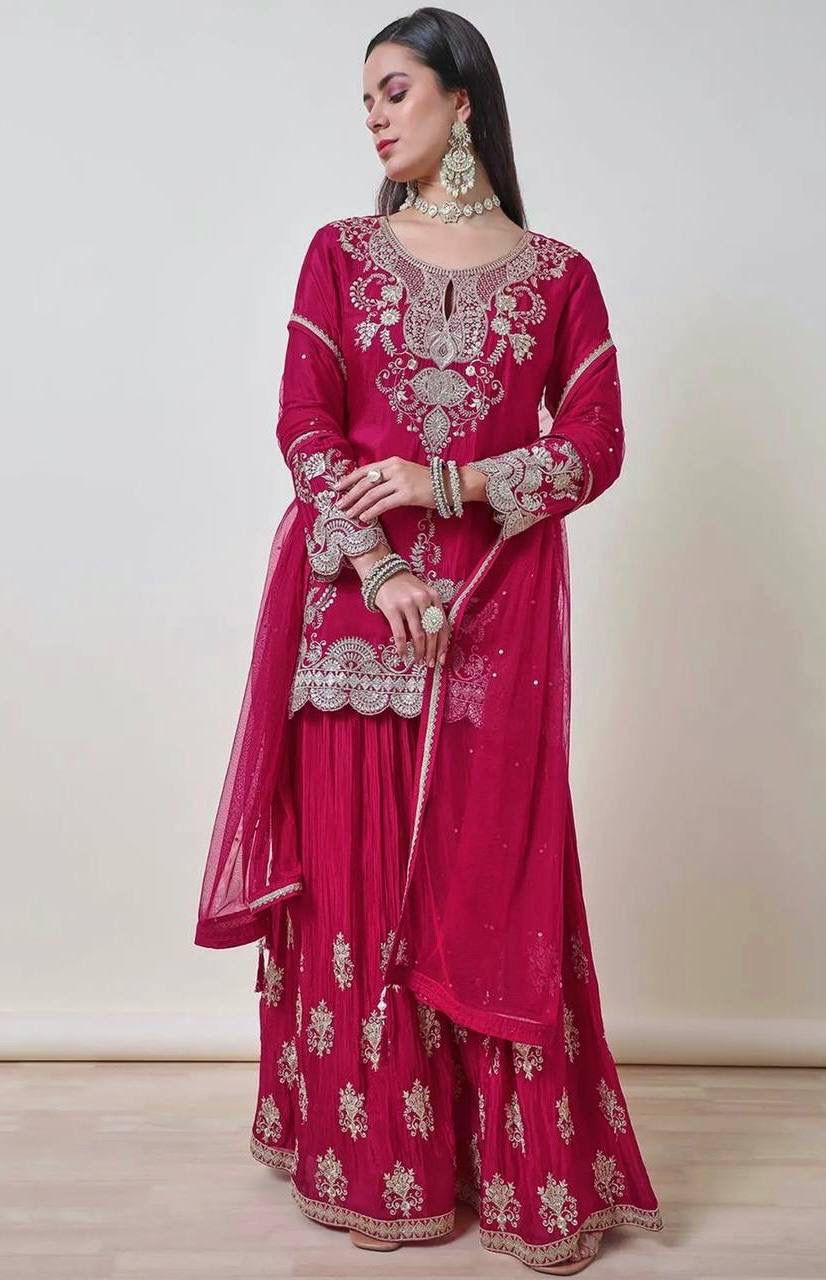 Fancy Chinon Silk Kurti with Flared Palazzo & Dupatta Set