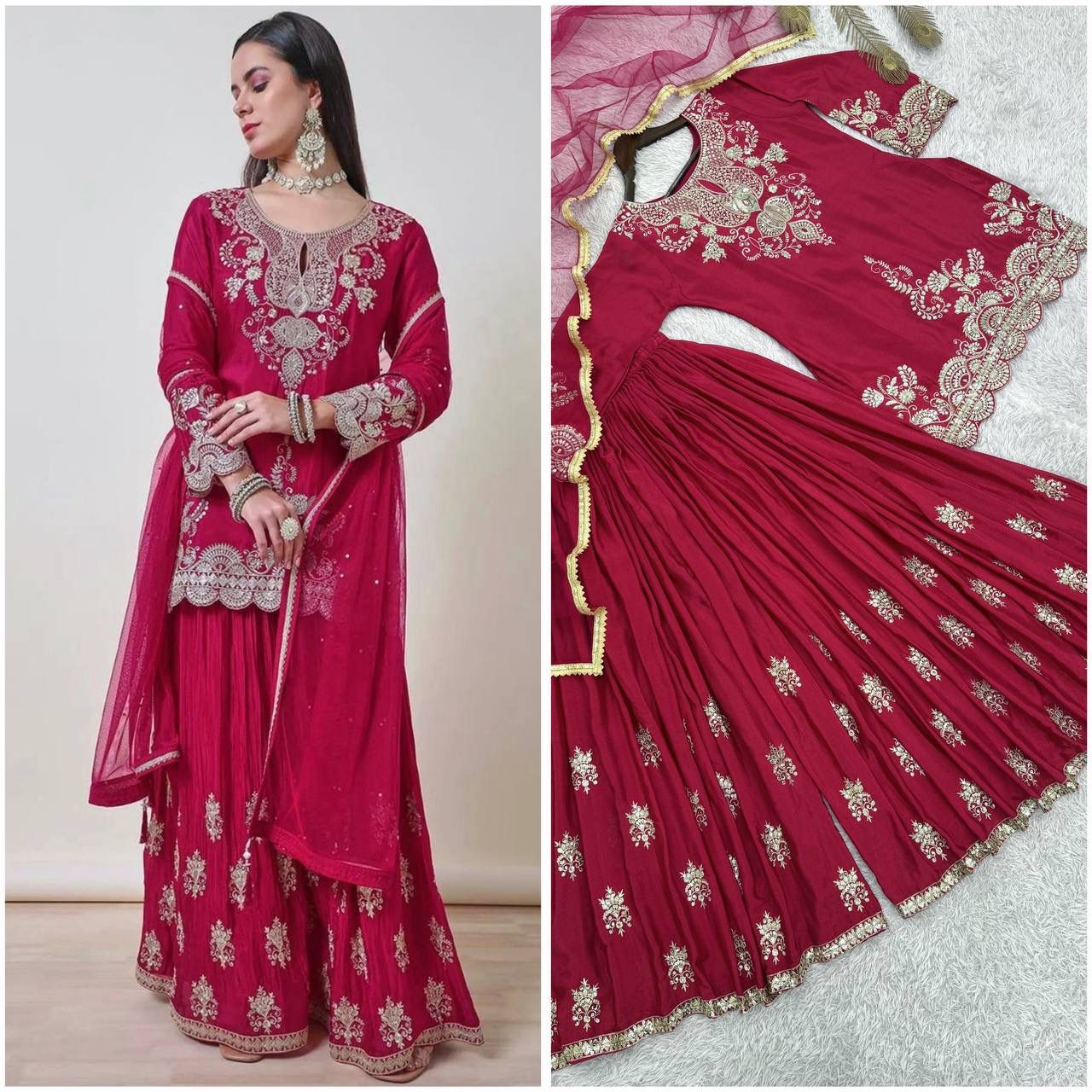 Fancy Chinon Silk Kurti with Flared Palazzo & Dupatta Set