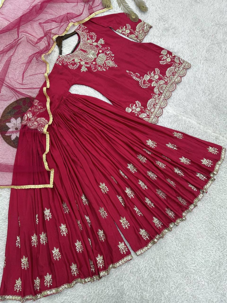 Fancy Chinon Silk Kurti with Flared Palazzo & Dupatta Set