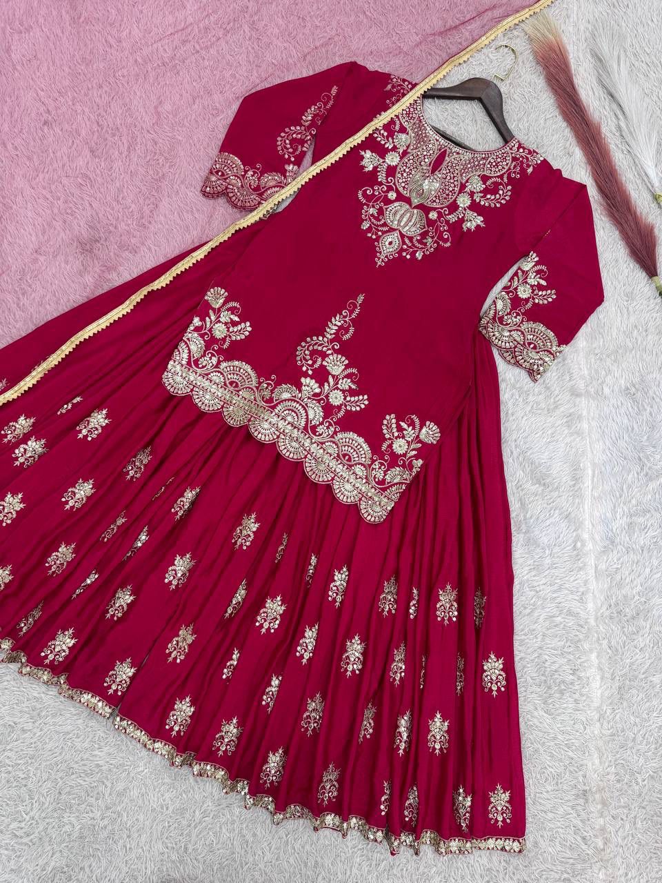 Fancy Chinon Silk Kurti with Flared Palazzo & Dupatta Set