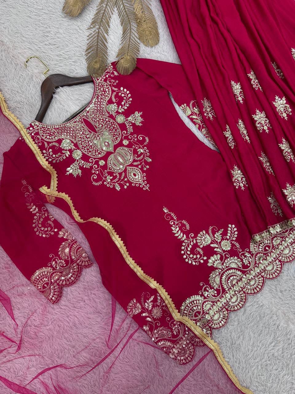 Fancy Chinon Silk Kurti with Flared Palazzo & Dupatta Set