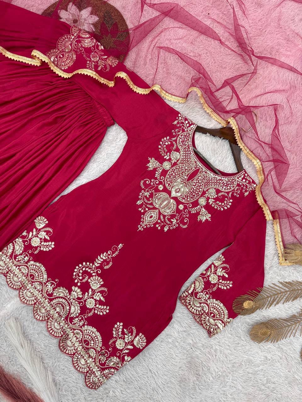 Fancy Chinon Silk Kurti with Flared Palazzo & Dupatta Set